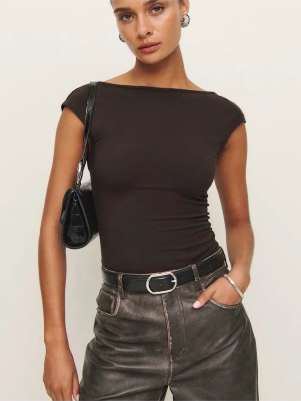 Reformation Brown Boatneck Cap Sleeve Tank